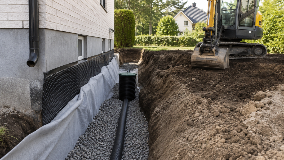 Dränering i Danderyd runt husgrund med grävarbete och nya dräneringsrör